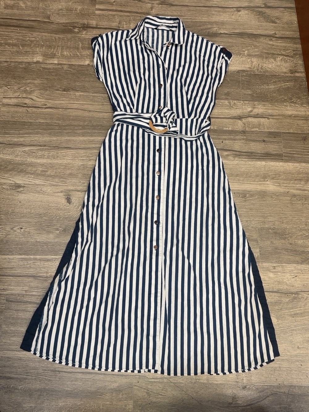 ZARA XS Navy White Striped Belted Shirt Dress Side Slits Round Buckle - Picture 2 of 9